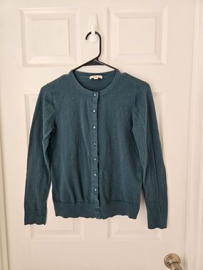 LOFT Teal Green Button-Front Light Cardigan Medium Cotton Crewneck